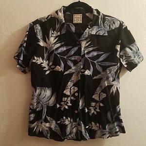 Blue white and black Hawaiian shirt
